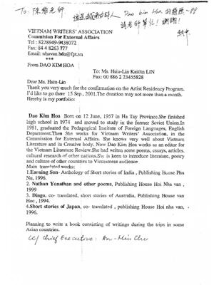 Bản fax tự giới thiệu bản thân mà bà Đào Kim Hoa cung cấp cho Ban tổ chức Festival thơ quốc tế Đài Bắc 2001