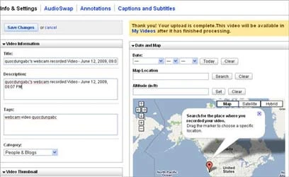 Trang tinh chỉnh thông tin đoạn phim vừa quay.