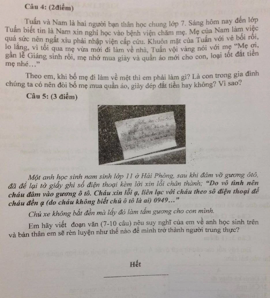 'Lời nhắn xin lỗi vì làm bể kính xe' vào đề GDCD ảnh 1