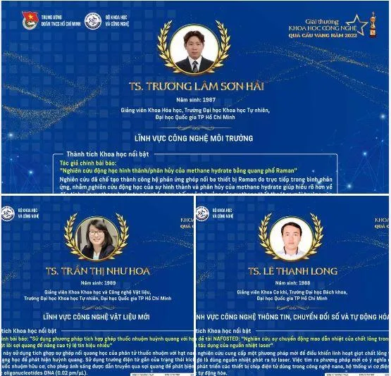 Ba giảng viên trẻ của ĐH Quốc gia TP.HCM đạt giải thưởng Quả Cầu vàng năm 2022. Ảnh: ĐHQG