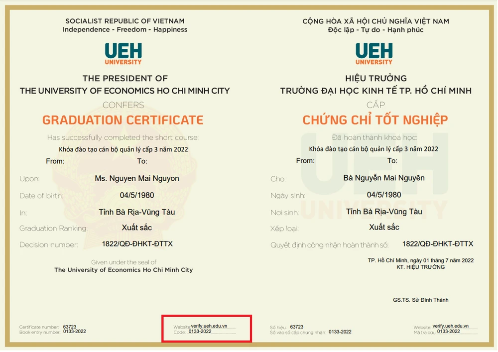 Mẫu chứng chỉ/giấy chứng nhận điện tử sẽ được cấp cho người học.