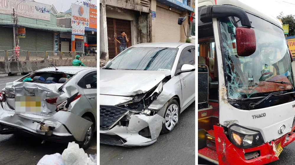Hiện trường vụ tai nạn liên hoàn trên Quốc lộ 1, đoạn qua TP Biên Hòa, tỉnh Đồng Nai. Ảnh: PHẠM HẢI Đồng Nai: Xe hơi bẹp nhún sau vụ tai nạn liên hoàn trên quốc lộ 1