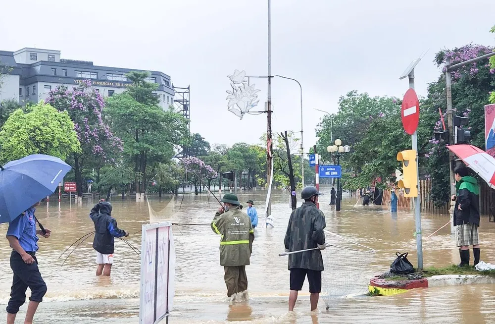 Đợt mưa lớn dài ngày khiến nhiều tuyến đường ở Vĩnh Phúc hóa thành sông, người dân tranh thủ mang lưới, cất vó bắt cá ngay giữa đường trung tâm TP Vĩnh Yên.