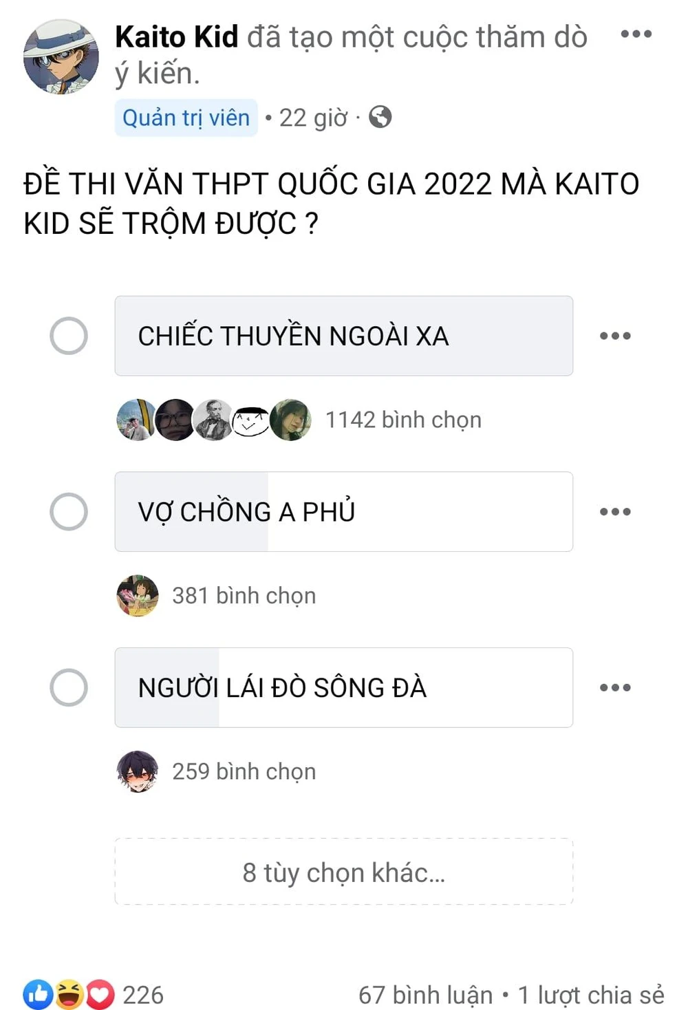 Trước khi đưa ra dự đoán, fanpage thường khảo sát ý kiến của cộng đồng mạng bằng cách đưa ra các tác phẩm văn học để mọi người lựa chọn. Ảnh chụp màn hình