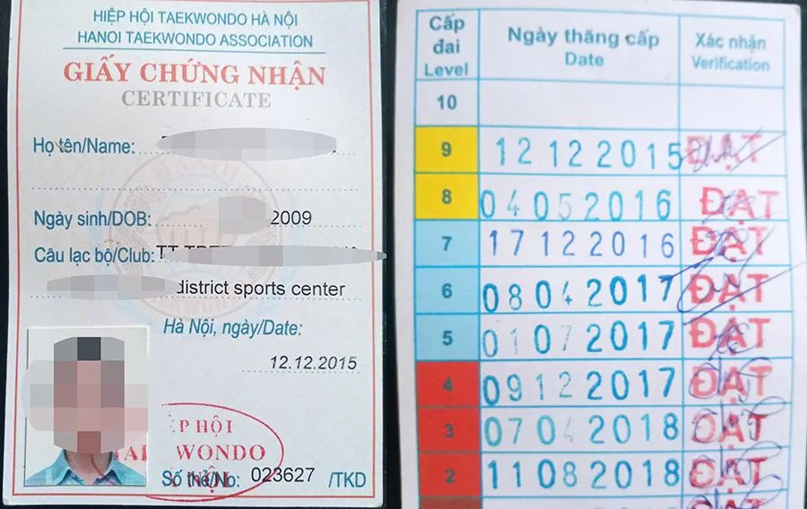 Giấy chứng nhận do Hiệp hội Taekwondo Hà Nội cấp cho võ sinh. Ảnh bạn đọc cung cấp