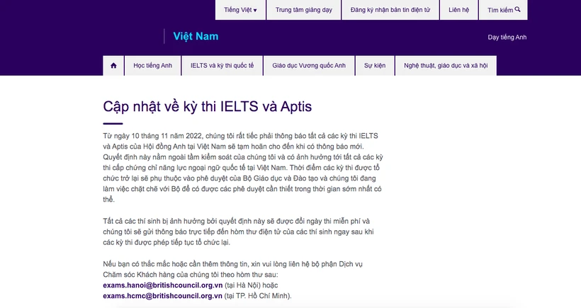 Thông báo từ Hội đồng Anh. Ảnh chụp màn hình