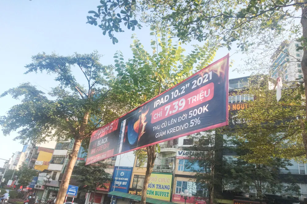 Những tấm biển quảng cáo mắc võng trên cây xanh, đính vào biển báo giao thông, đèn tín hiệu, cột đèn chiếu sáng… đã không còn xa lạ với người dân Thủ đô, dù trước đó đã có quy định về xử phạt hành vi này rất rõ ràng.