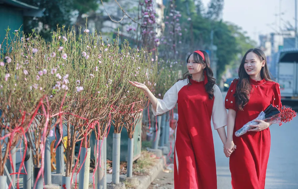 Với sắc đẹp của hoa đào, bạn Hoàng Lê Thảo Vy (sinh viên năm 4, Trường Đại học Kinh tế, ĐHQGHN) và bạn Phạm Nguyễn Anh Thư (sinh viên năm 3, Trường Đại học Giao thông Vận tải) đã đến chợ hoa để được chụp ảnh cùng nhau tại các cành đào nở sớm. Với sắc đẹp của hoa đào, bạn Hoàng Lê Thảo Vy (sinh viên năm 4, Trường Đại học Kinh tế, ĐHQGHN) và bạn Phạm Nguyễn Anh Thư (sinh viên năm 3, Trường Đại học Giao thông Vận tải) đã đến chợ hoa để được chụp ảnh cùng nhau tại các cành đào nở sớm.