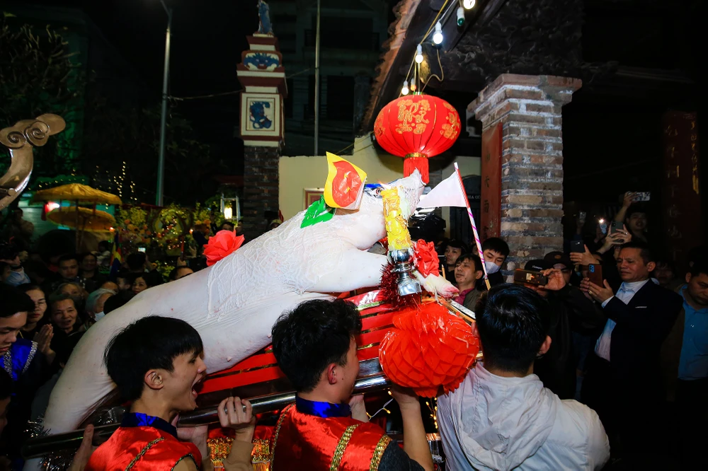 "Ông lợn" khi cho lên kiệu để tế lễ có dáng và da càng đẹp thì dân làng tin rằng trong năm ấy sẽ gặp những điều thuận lợi khi làm ăn.