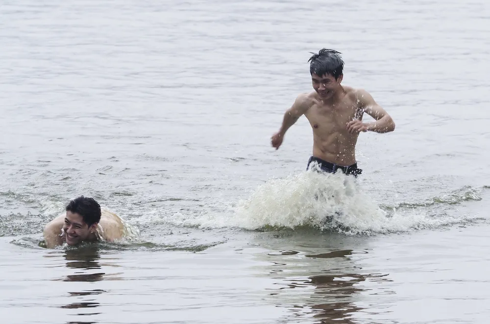 Tất cả đều hòa mình vào làn nước mát của hồ Tây trong buổi sáng sớm.