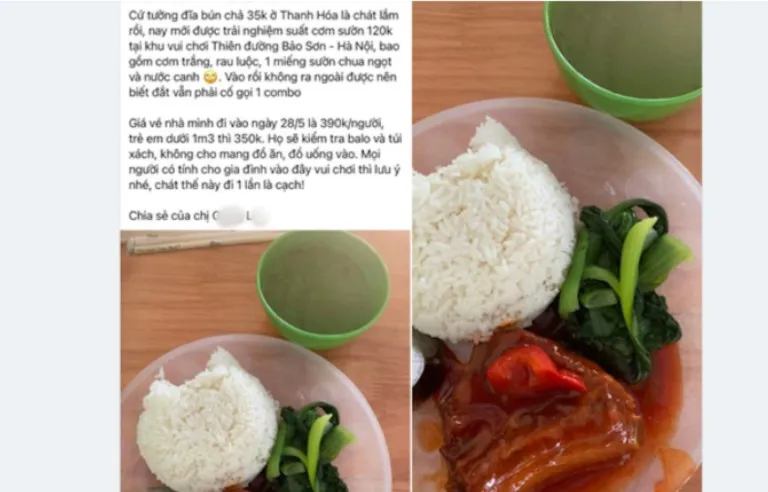 Nội dung và hình ảnh chia sẻ về suất cơm sườn giá đắt được đăng tải trên mạng xã hội.