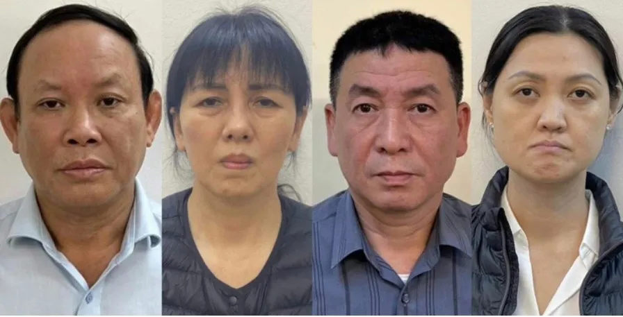 Ông Nguyễn Đức Thái, nguyên chủ tịch hội đồng thành viên Nhà xuất bản Giáo Dục Việt Nam (bìa trái) cùng các đồng phạm. Ảnh BCA