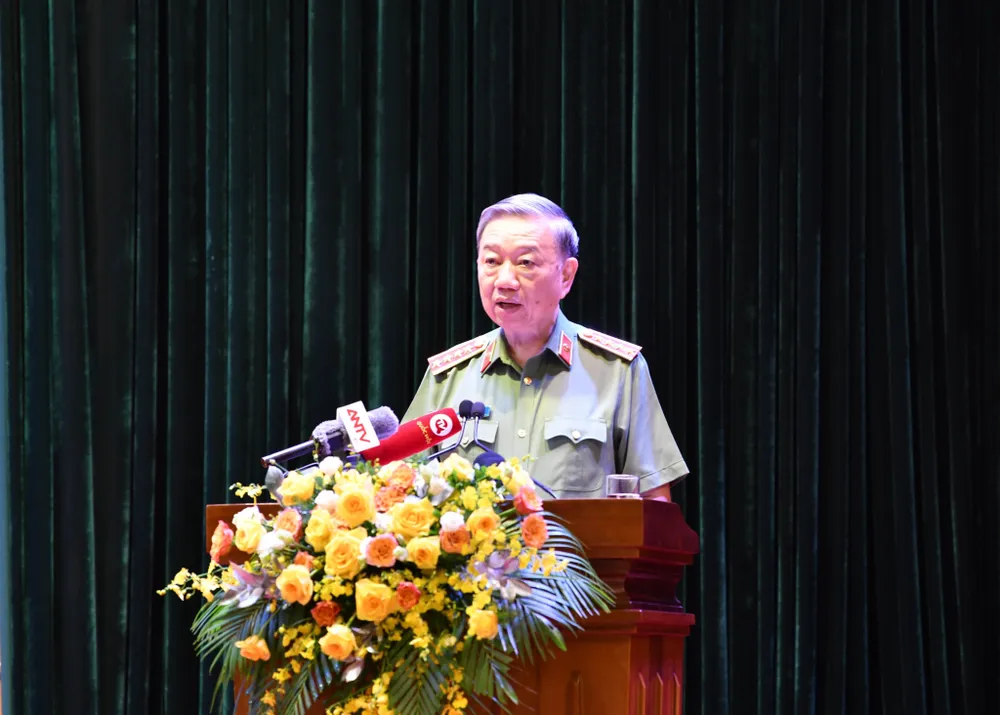 Bộ trưởng Bộ Công an Đại tướng Tô Lâm phát biểu tại Hội nghị. Ảnh: BCA Bộ trưởng Bộ Công an Đại tướng Tô Lâm phát biểu tại Hội nghị. Ảnh: BCA