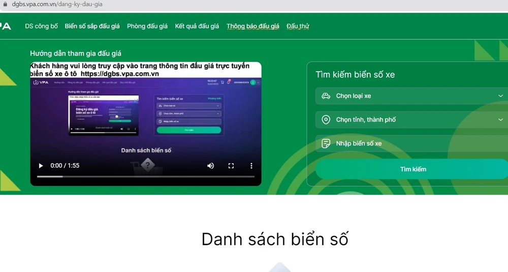 Giao diện trang web đấu giá biển số xe. Ảnh: Chụp màn hình