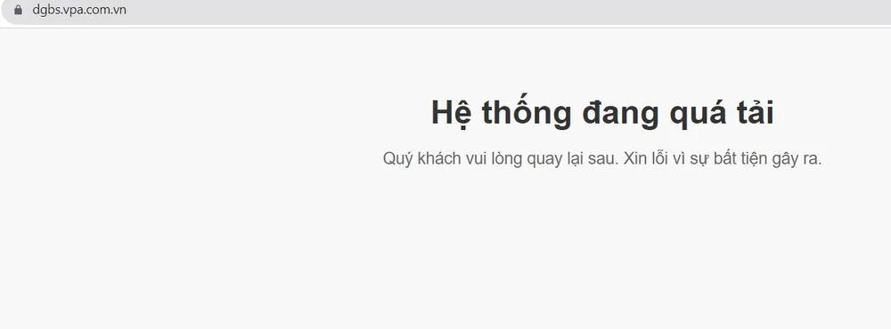 Trang web đấu giá biển số xe ô tô thông tin đang quá tải không thể truy cập được. Ảnh chụp màn hình. Trang web đấu giá biển số xe ô tô thông tin đang quá tải không thể truy cập được. Ảnh chụp màn hình.