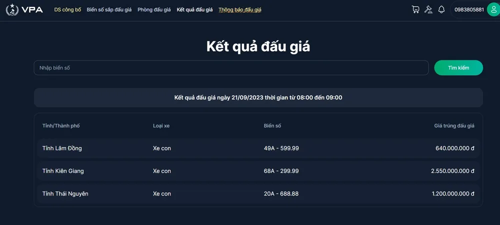 Kết quả trúng đấu giá được VPA công bố. Ảnh chụp màn hình: PHI HÙNG Trúng đấu giá.jpg
