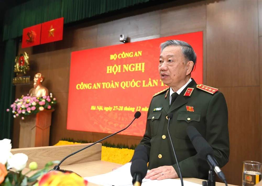 Bộ trưởng Tô Lâm phát biểu kết luận Hội nghị Hội nghị Công an toàn quốc lần thứ 79. Ảnh CA dai-tuong-to-lam-1685.jpg