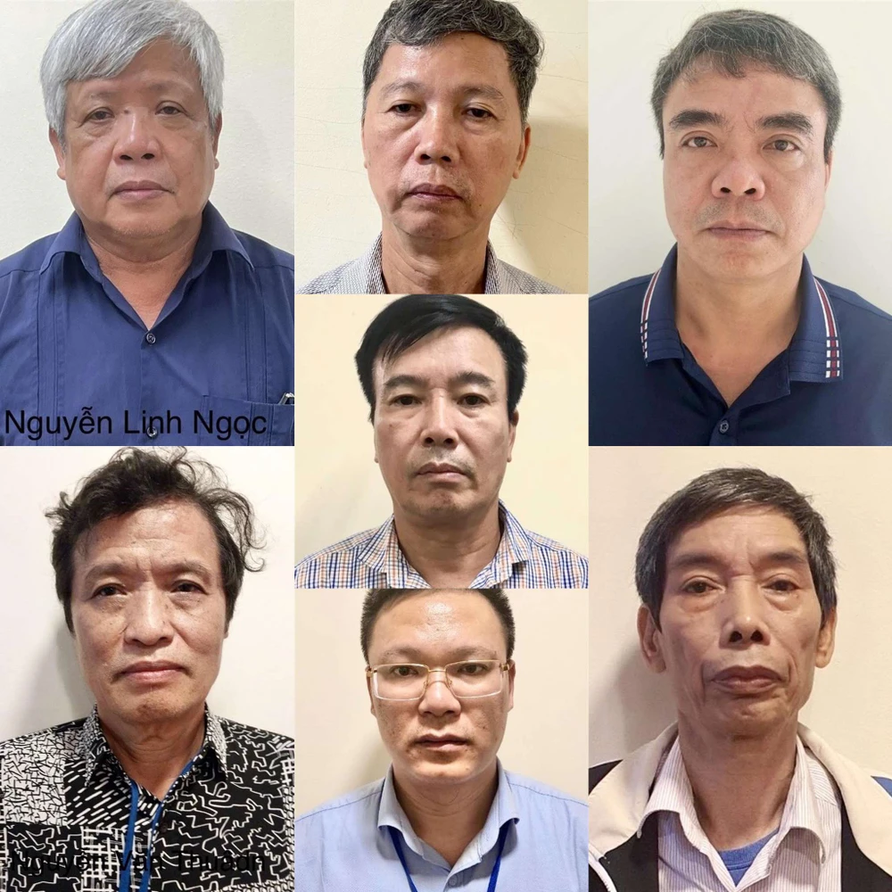 Các bị can trong vụ án. Ảnh CA Nguyên Thứ trưởng Bộ Tài nguyên và Môi trường cùng 6 đồng phạm bị khởi tố