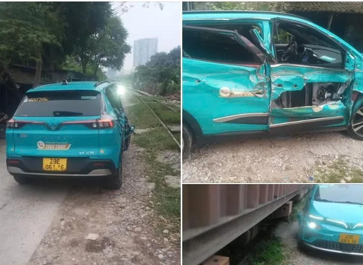 Hiện trường vụ va chạm. Ảnh: CTV Xe taxi gặp sự cố ở sát đường ray, bị tàu hỏa tông trúng