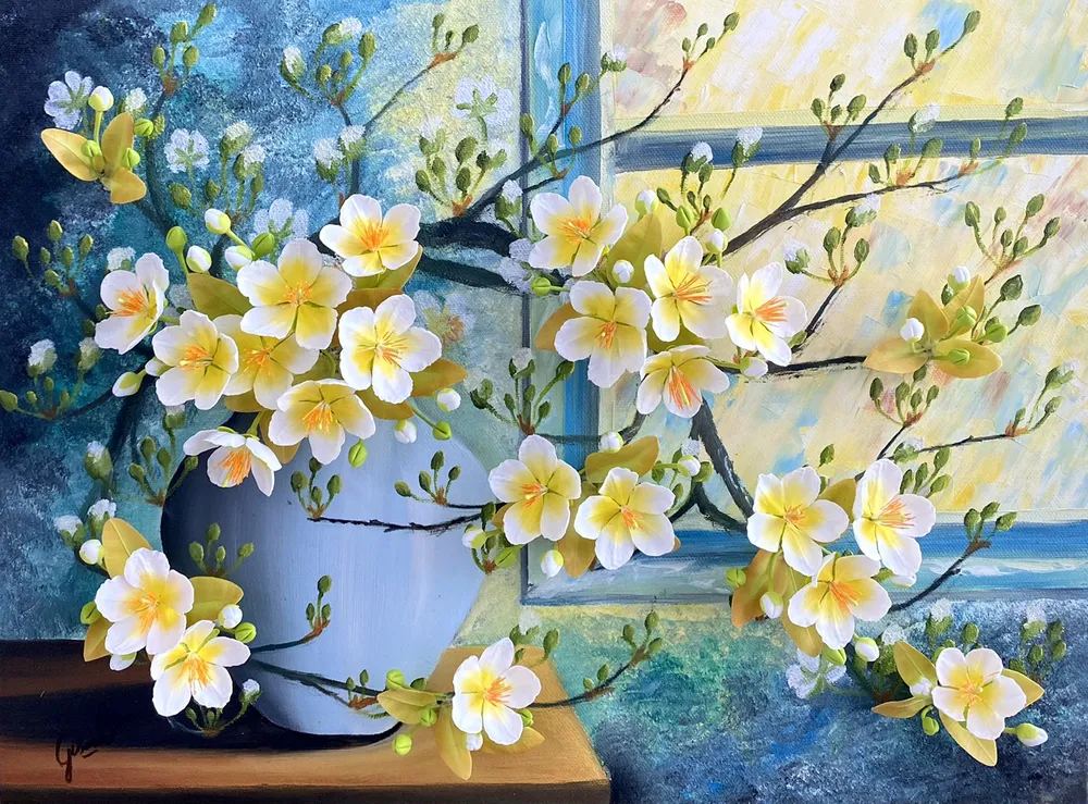 Ngắm tranh mai đào đất sét sống động như thật của người phụ nữ Sài Gòn