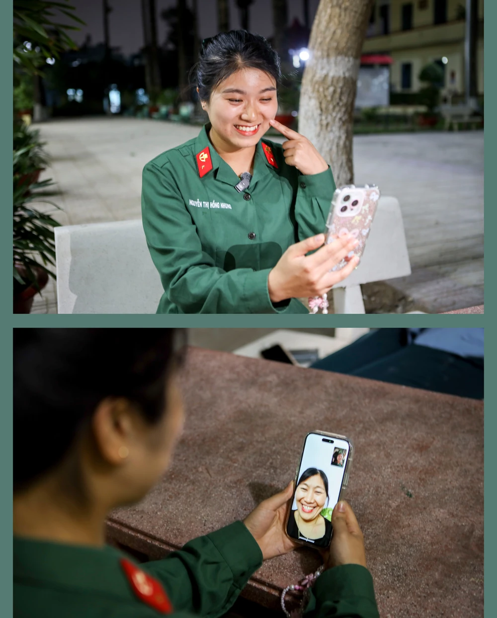 Nữ tân binh Nguyễn Thị Hồng Nhung gọi điện thoại về nhà hỏi thăm mẹ. Trường Quân sự Quân khu 7