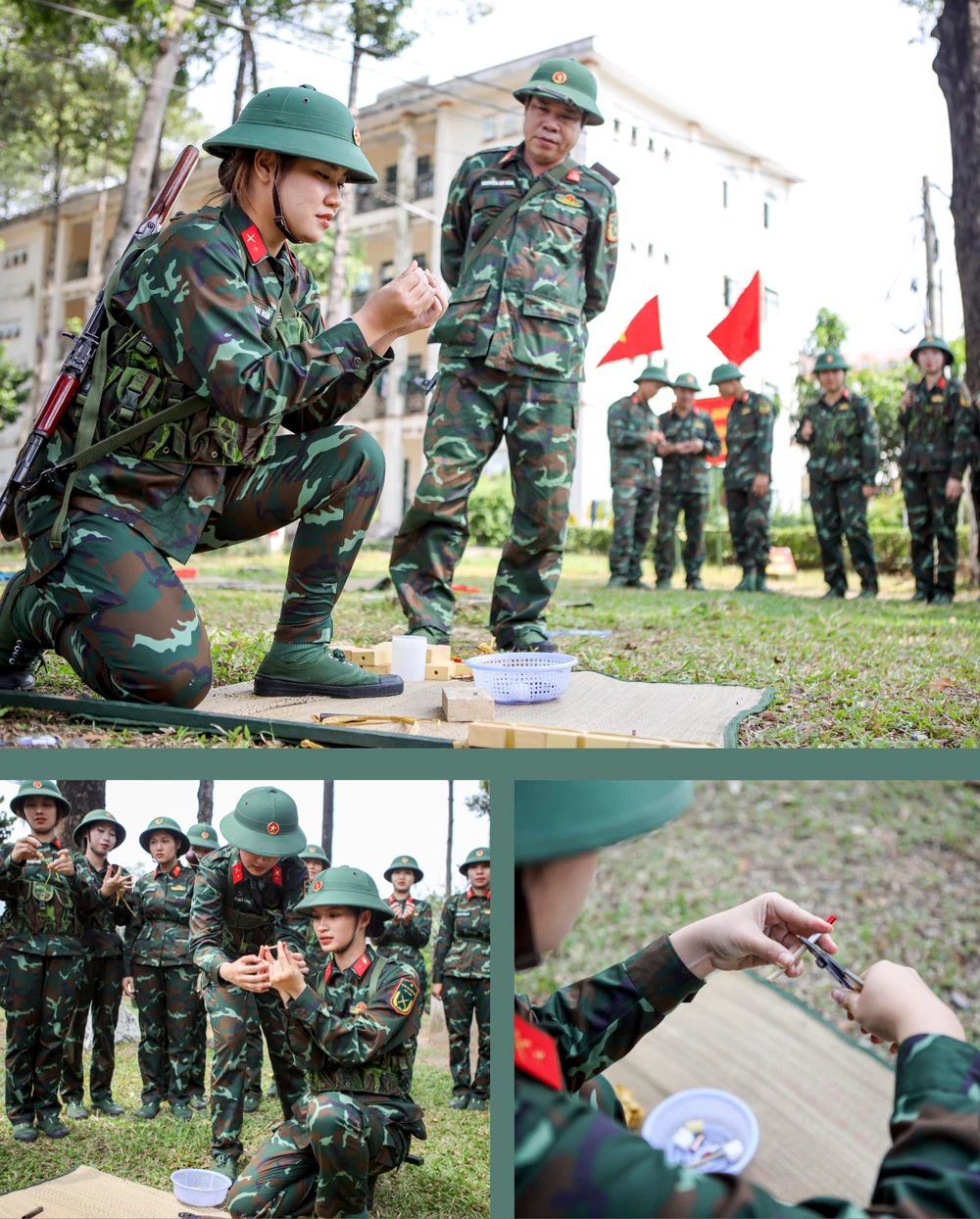Thượng tá Nguyễn An Hòa huấn luyện tân binh học bộ môn thuốc nổ. Trường Quân sự Quân khu 7