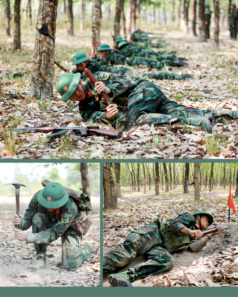 Chiến sĩ trung đoàn 5 học kỹ thuật công sự ngụy trang. môi trường quân ngũ
