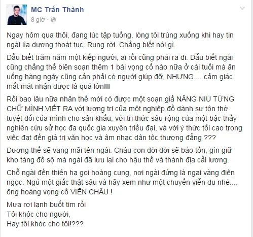Trấn Thành nghẹn ngào khi 'ông vua vọng cổ' Viễn Châu qua đời ảnh 1 Trấn Thành nghẹn ngào khi 'ông vua vọng cổ' Viễn Châu qua đời ảnh 1