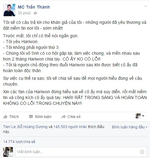 Trấn Thành: 'Tôi yêu Hari Won. Cô ấy không có lỗi' ảnh 2 Trấn Thành: 'Tôi yêu Hari Won. Cô ấy không có lỗi' ảnh 2