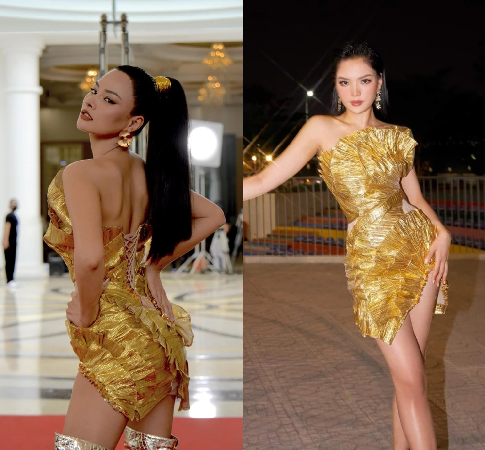 Siêu mẫu Vũ Thu Phương và Miss Earth Việt Nam 2021 Vân Anh (phải) bốc lửa trong trang phục vàng quyền lực. Tuy nhiên không khó nhận ra, kiểu tóc buộc cao đuôi ngựa giúp siêu mẫu Vũ Thu Phương ghi điểm nhiều hơn.