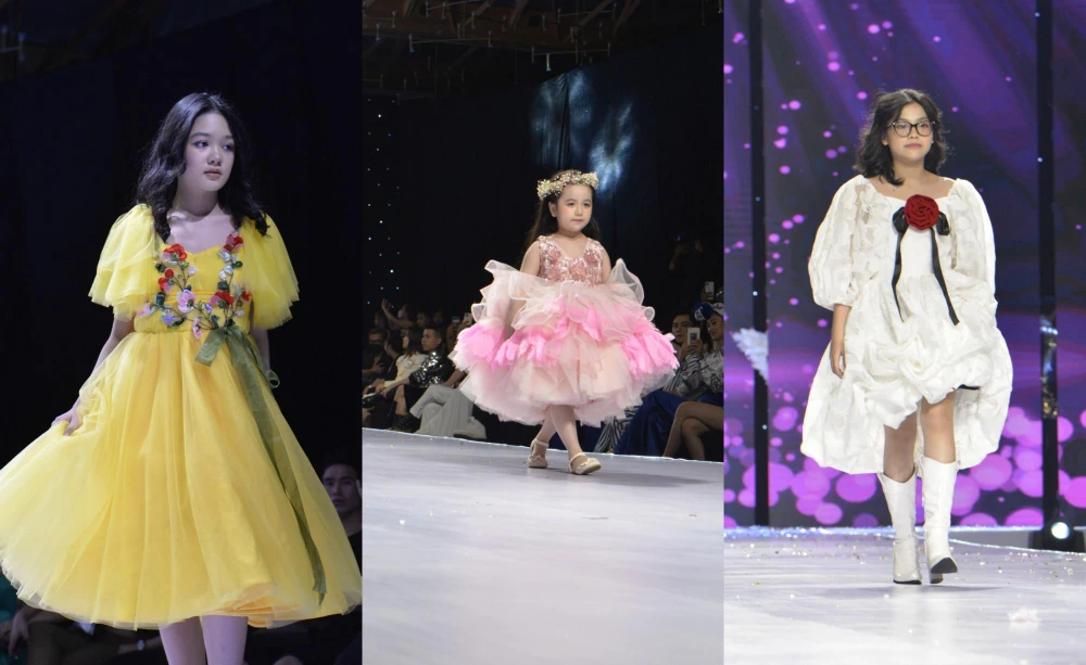 Các thiên thần nhí tự tin sải bước trong đêm trình diễn thời trang. Ảnh: NGUYỄN TRÀ Các thiên thần nhí tự tin sải bước trong đêm trình diễn thời trang. Ảnh: NGUYỄN TRÀ