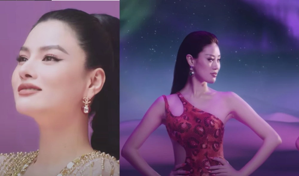 Hoa hậu Khánh Vân và siêu mẫu Vũ Thu Phương trong MV 'Trái tim yêu thương' của Thúy Vân. Ảnh chụp màn hình