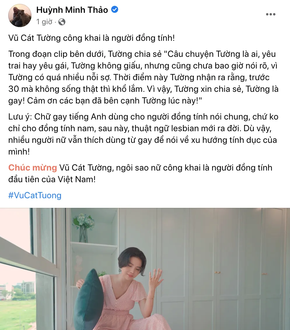Chuyên gia thúc đẩy quyền LGBT Huỳnh Minh Thảo chia sẻ niềm vui cùng Vũ Cát Tường khi được sống thật là chính mình. Ảnh chụp màn hình Chuyên gia thúc đẩy quyền LGBT Huỳnh Minh Thảo chia sẻ niềm vui cùng Vũ Cát Tường khi được sống thật là chính mình. Ảnh chụp màn hình