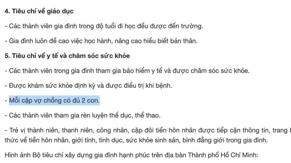Tiêu chí "Gia đình hạnh phúc" với nội dung "Mỗi cặp vợ chồng có đủ 2 con" trên trang web Sở Văn hoá và Thể Thao TP.HCM. Ảnh chụp màn hình chiều 15-7