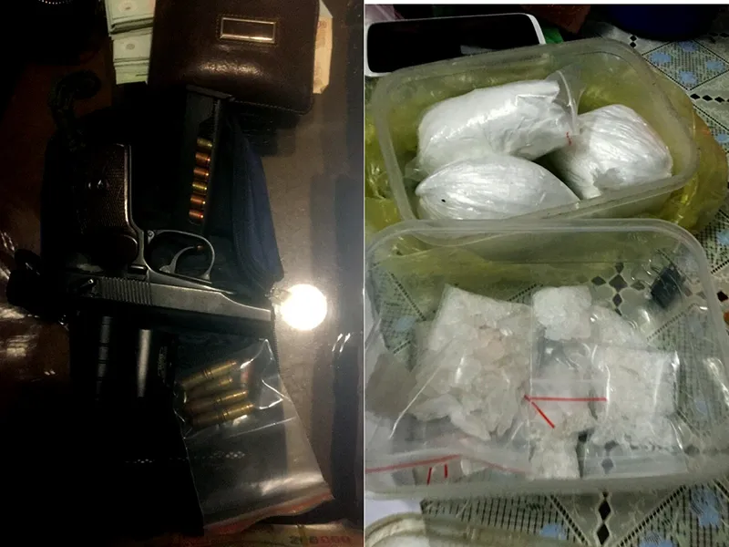 Một khối lượng lớn ma túy và súng đạn bị phát hiện, thu giữ.