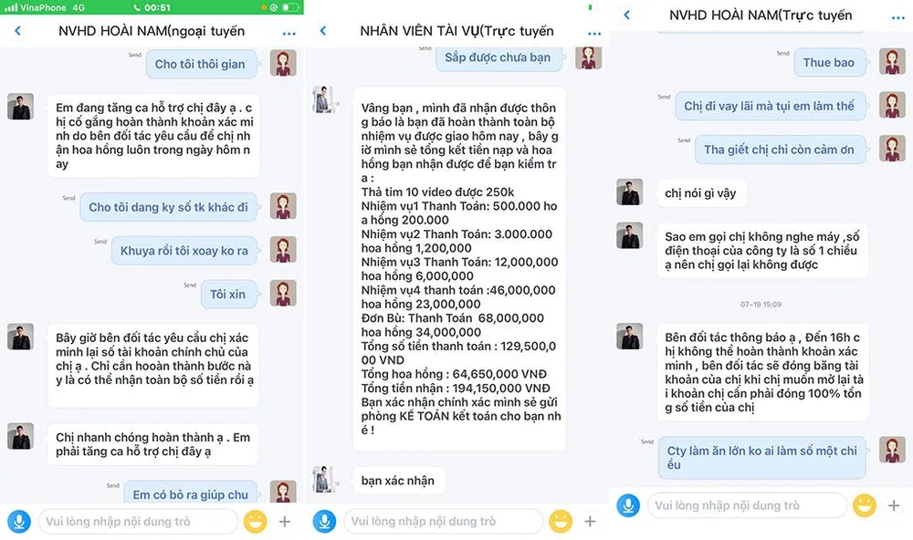Tin nhắn mà nhóm lừa đảo dẫn dụ chị H nạp tiền, thực hiện nhiệm vụ. Ảnh: NVCC Tin nhắn mà nhóm lừa đảo dẫn dụ chị H nạp tiền, thực hiện nhiệm vụ. Ảnh: NVCC