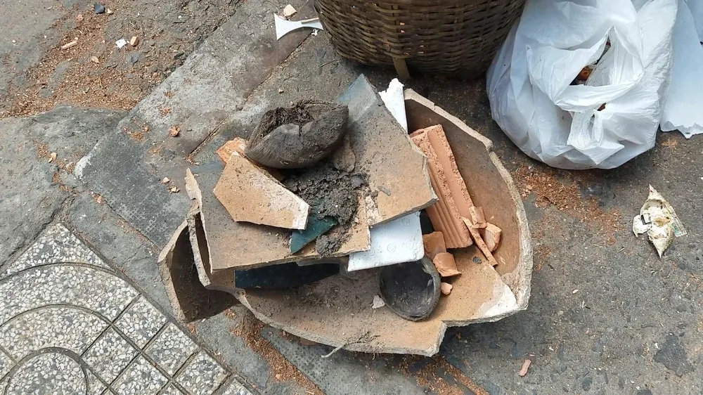 Gia đình sau đó dọn gạch đá, chậu hoa vỡ. Ảnh: HT