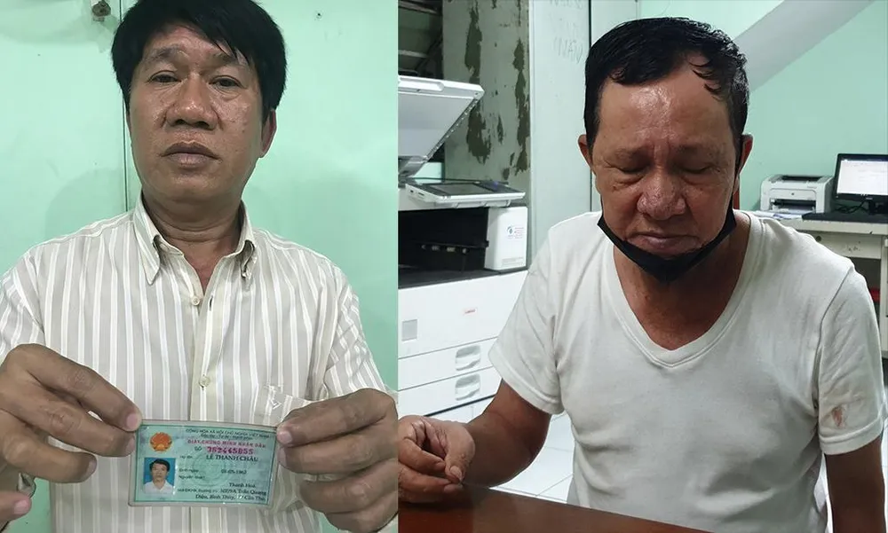 Châu bên trái và ông Tuấn tại cơ quan điều tra. Ảnh: NT