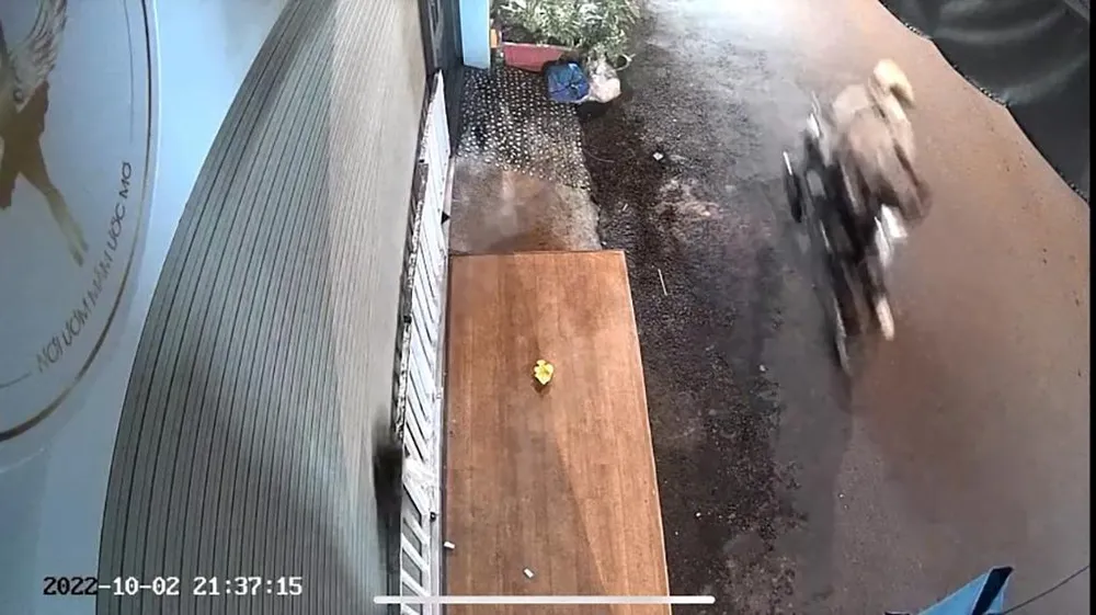 Một người chạy xe máy qua, ném túi chất lỏng chứa mắm tôm vào trước căn nhà anh A thuê mướn. Ảnh chụp từ clip Một người chạy xe máy qua, ném túi chất lỏng chứa mắm tôm vào trước căn nhà anh A thuê mướn. Ảnh chụp từ clip