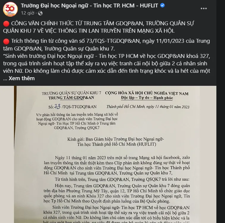 Thông tin phản hồi kèm văn bản cũng được fanpage của Trường Đại học Ngoại ngữ - Tin học TP.HCM đăng tải. Thông tin phản hồi kèm văn bản cũng được fanpage của Trường Đại học Ngoại ngữ - Tin học TP.HCM đăng tải.