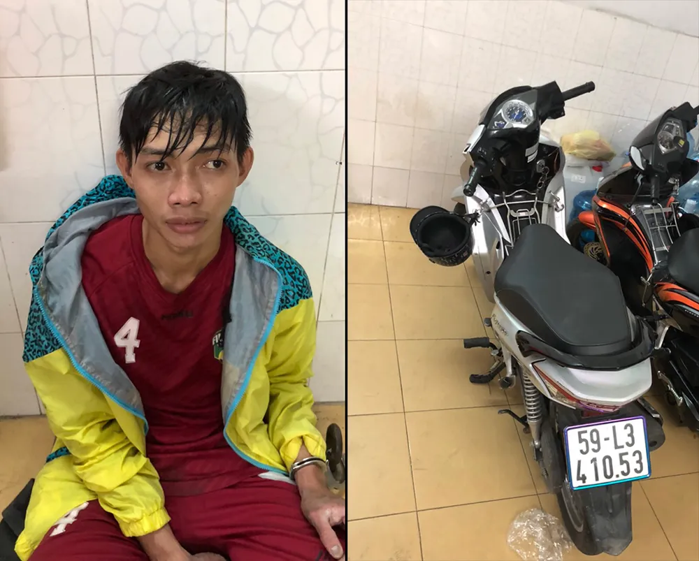 Duy cùng phương tiện gây án là chiếc xe tại trụ sở công an. Ảnh: CA Duy cùng phương tiện gây án là chiếc xe tại trụ sở công an. Ảnh: CA