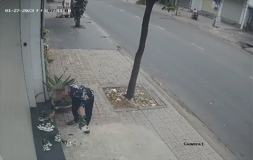 Hình ảnh người đàn ông rải hoa cúc trắng trước nhà đồng thời là trụ sở công ty của ông T