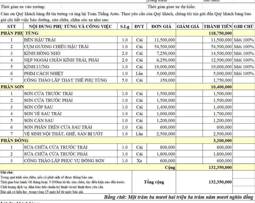 Chi phí sửa chữa chiếc xe mà chị K phải bỏ ra. Ảnh: NVCC Chi phí sửa chữa chiếc xe mà chị K phải bỏ ra. Ảnh: NVCC
