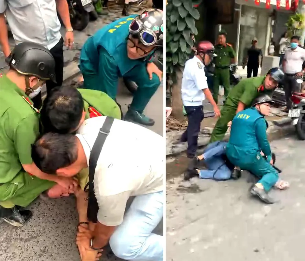 Lực lượng chức năng khống chế ông H cùng một người khác đưa về trụ sở làm rõ. Ảnh: CA