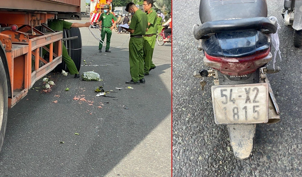 Người phụ nữ chở theo một số trái cây đang lưu thông qua khu vực vòng xoay thì gặp nạn. Ảnh: NT