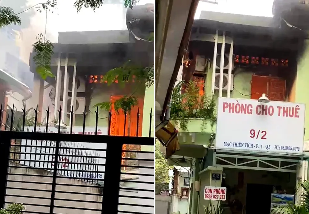 Vụ cháy bùng lên từ nhà trọ trên đường Mạc Thiên Tích, quận 5, sáng 29-8. Ảnh: NT