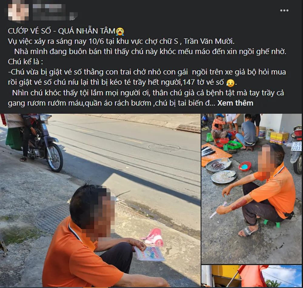 Thông tin trên mạng đăng tải việc ông H bị cướp vé số. Ảnh chụp màn hình Thông tin trên mạng đăng tải việc ông H bị cướp vé số. Ảnh chụp màn hình