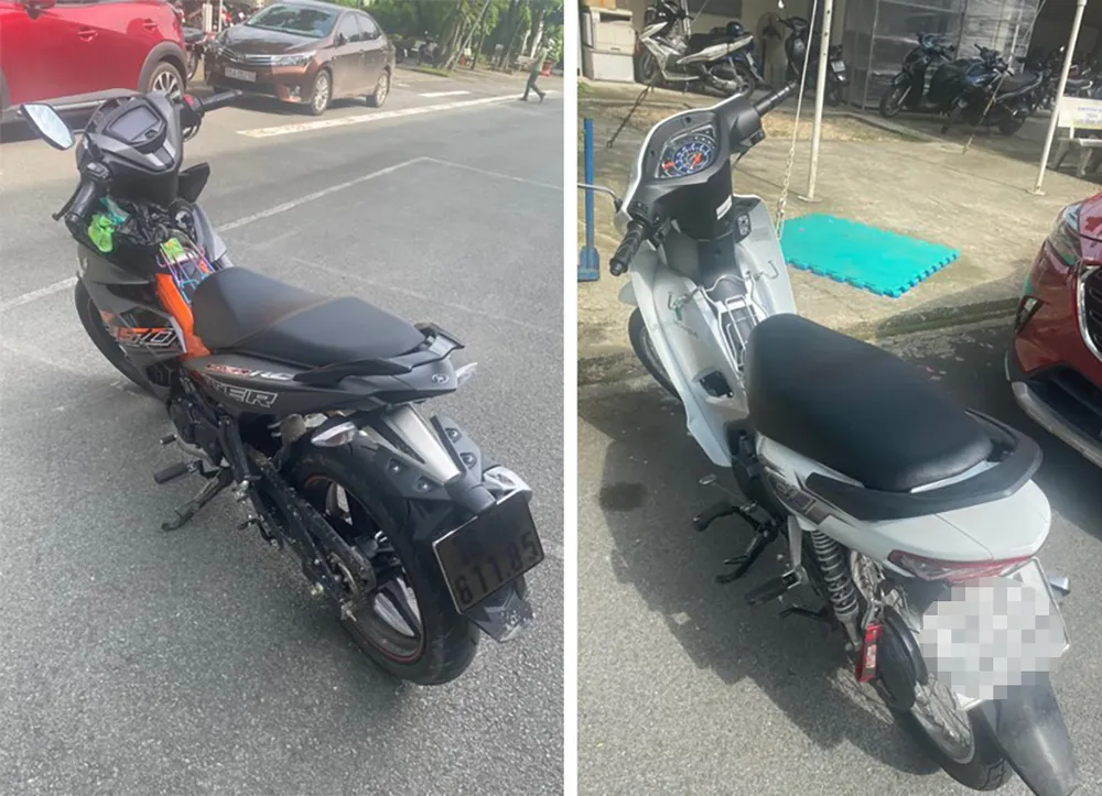 Công an thu giữ các xe máy tang vật liên quan để phục vụ điều tra. Ảnh: CA sieu-trom-loi-dung-troi-mua-lay-3-xe-may-vai-gio-o-quan-12-va-go-vap-3.jpg