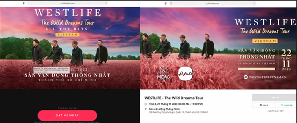 Trang ticketb0x.com (phải) bắt chước theo Ticketbox (ticketbox.vn) để giả mạo bán vé. Ảnh: PLO canh-bao-trang-web-gia-mao-ban-ve-nhom-nhac-westlife.jpg