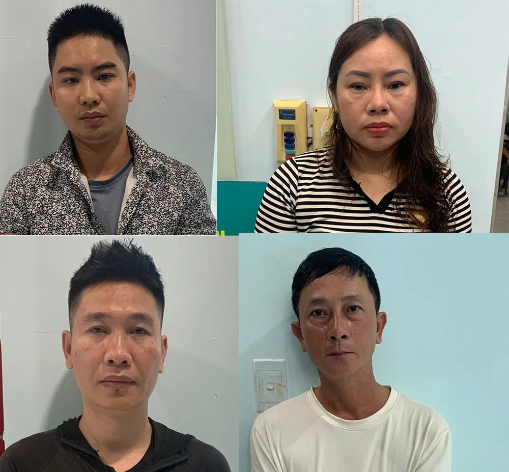 Công an bắt nhóm Thu, Phương (hàng trên, từ trái qua), Lộc và Quý để điều tra về hành vi cho vay lãi nặng và cưỡng đoạt tài sản. Ảnh: CA tu-vu-tat-son-mam-tom-o-tan-binh-cong-an-bat-nhom-vay-lai-nang-324.jpg